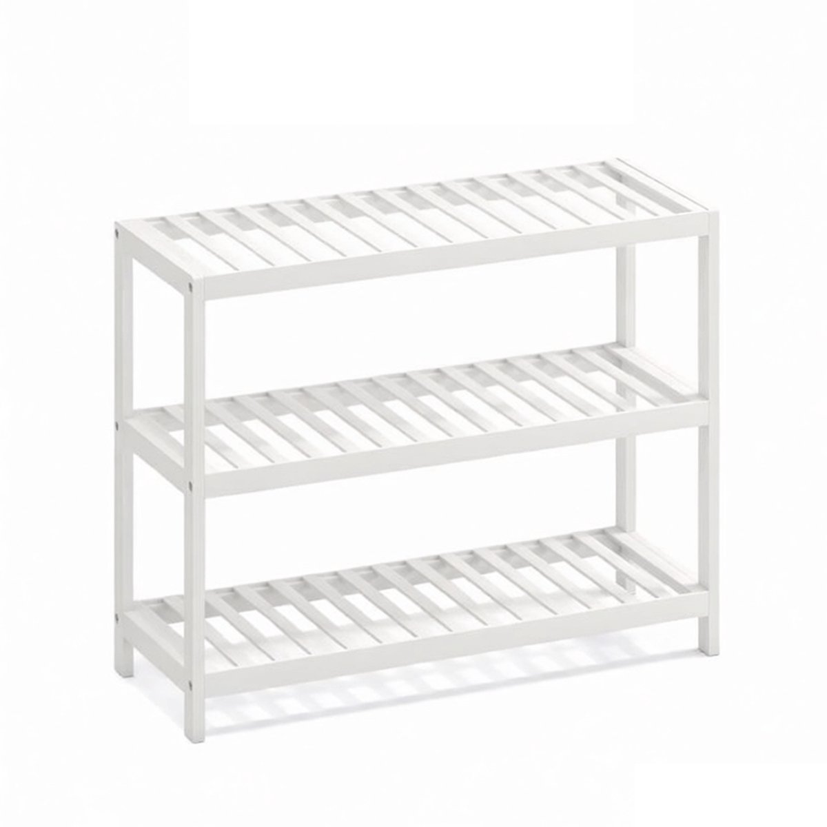 3-laags opbergrek, schoenenrek, open ontwerp, ruimtebesparend, multifunctioneel, beschermende lakafwerking, stevig bamboe frame, geschikt voor woonkamer, badkamer, gang, 70x26x55cm, wit. (4255901417457)