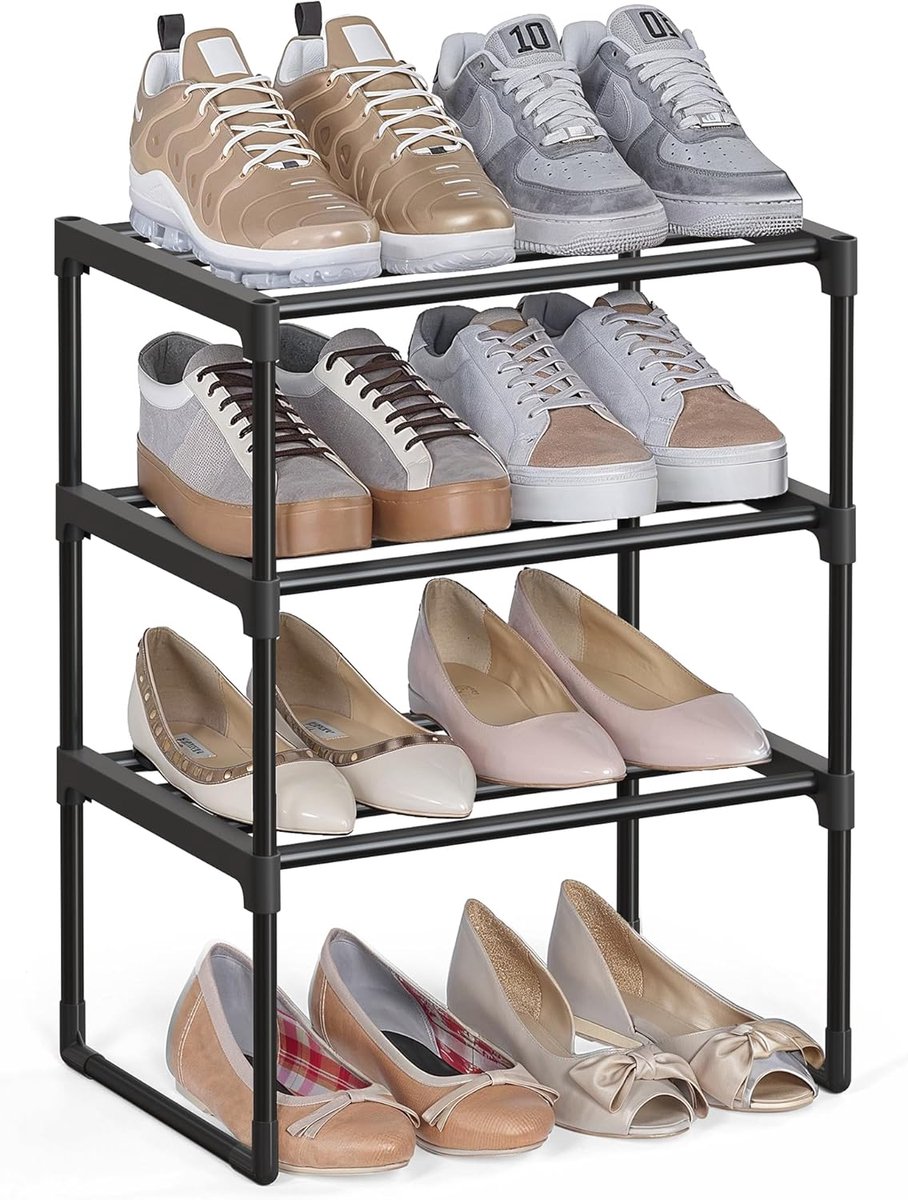 3-laags schoenenrek, metalen schoenenstandaard, schoenenorganizer, rechtop of ondersteboven, voor 4-8 paar schoenen, 30 x 42,5 x 54,5 cm, zwart (8785341876607)
