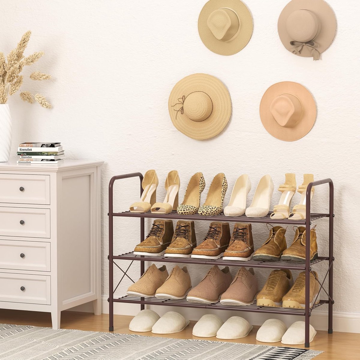 3-laags stapelbaar schoenenrek, organizer, verstelbaar en uitbreidbaar, metalen draadgaas met X-vormig frame, brons (8785356257613)