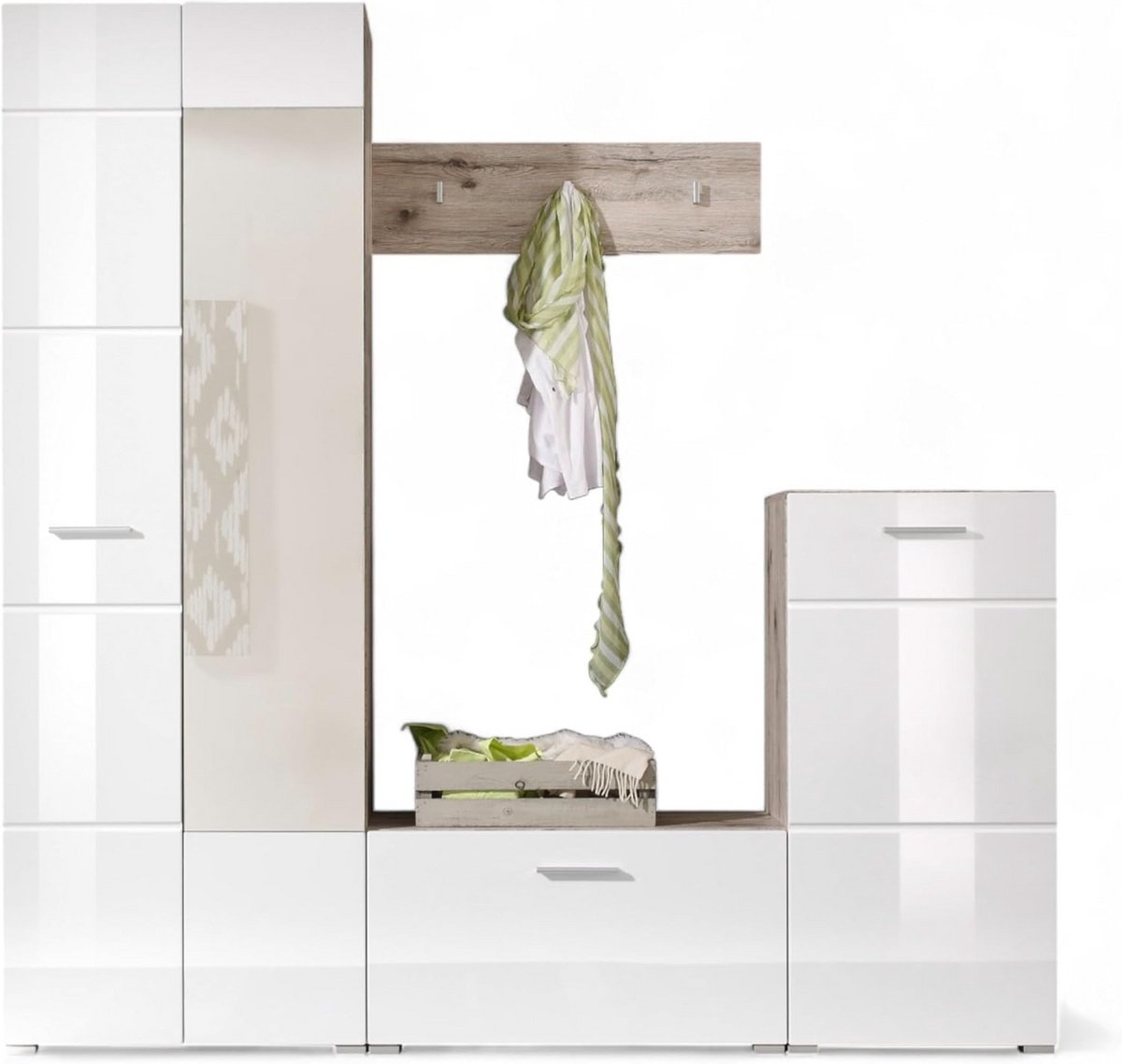 4-delige Garderobeset met Kast, Spiegel en Schoenbank voor Hal - Wit Hoogglans & Zandeiken (9101058901330)