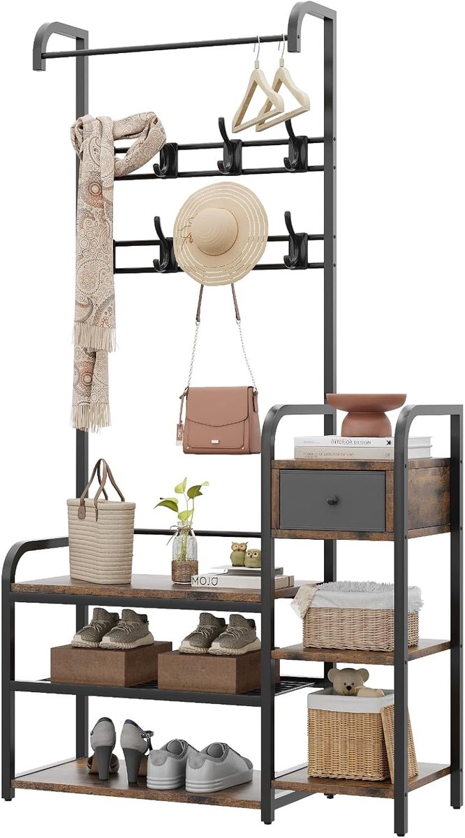 5-in-1 kapstok met schoenenrek en bank - Industrieel halmeubel met lade & 8 haken, rustiek bruin, 88 x 30 x 176 cm (6950000114594)
