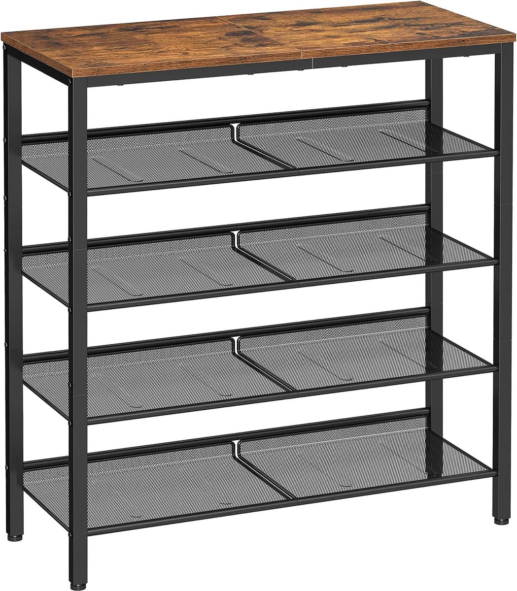 5-laags schoenenrek, hoge schoenenrek met 4 mesh planken en grote bovenkant voor tassen, ruimtebesparend voor entree, hal, staal, industrie, rustiek bruin en zwart LBS038B01 (7593919956191)