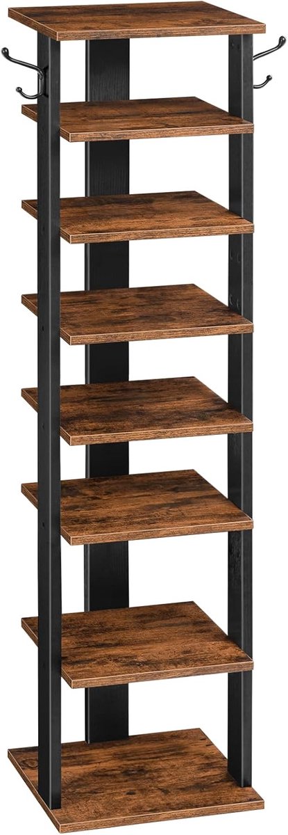 8-Tier Narrow Shoe Rack - Space-Saving Shoe Cabinet with Hooks, Vintage Brown-Black, Entryway Storage Shelf (8785341245687)