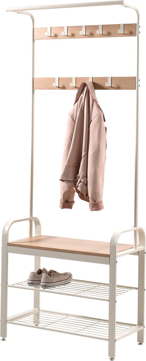 ACAZA Garderoberek - Kapstok - Schoenenrek - Metaal met Vintage Look - 9 Haken - Crème Kleur (6955880323548)