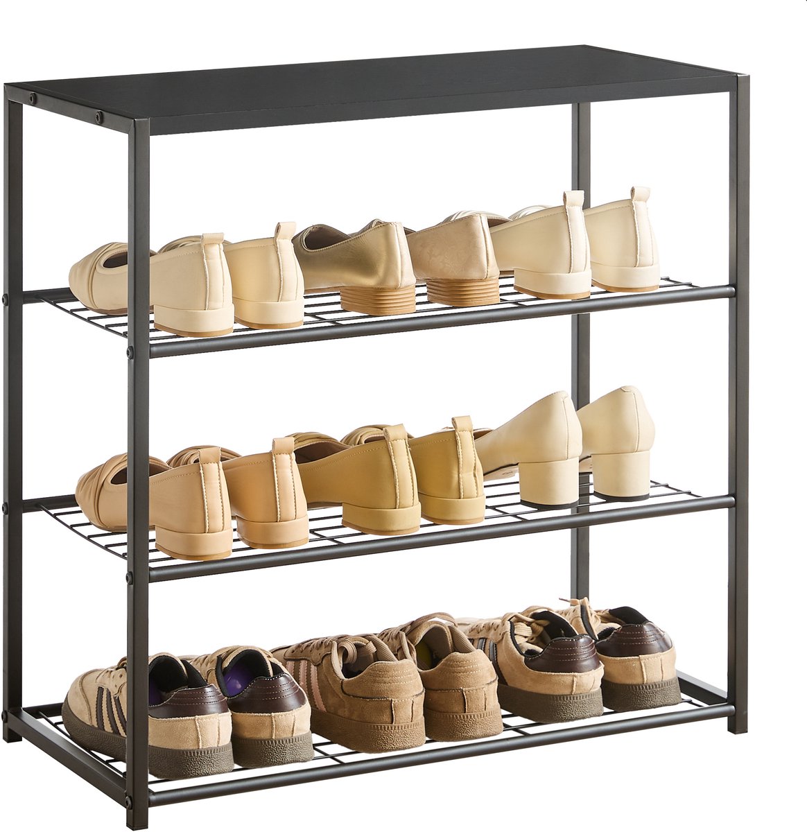 ACAZA Schoenenrek - 3 Lagen - Voor 9 Paar Schoenen - 63 x 63 x 30 cm - Metaal met Hout - Zwart (5400943041651)