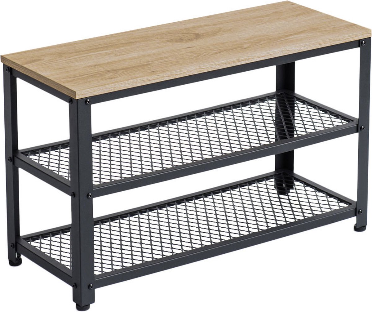 ACAZA Schoenenrek - Schoenenbank - 73 x 45 x 30 cm - Industrieel Design - Metaal met Hout - Lichte Eik Kleur (5400943004908)