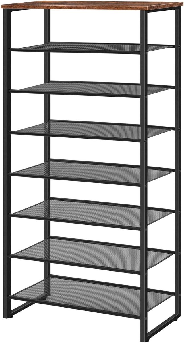Allecto Plus - Schoenenrek met 8 niveaus voor 21-28 paar schoenen | Hoge schoenenplank | Schoenenorganiser voor hal & woonkamer | Afneembare metalen roosterplanken | Smalle schoenenstandaard | Industrieel rustiek bruin (8785330261407)