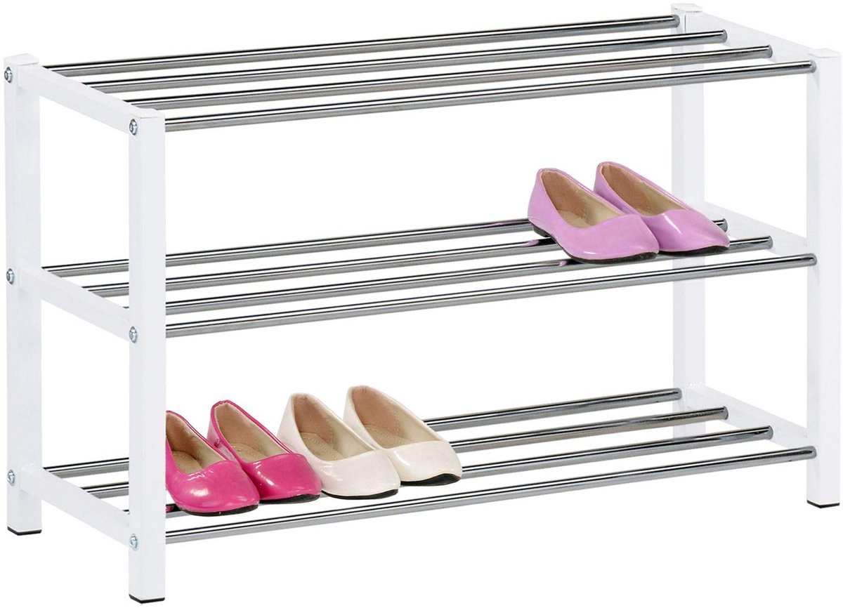 Azomor® Ruimtebesparend wit schoenenrek met drie verchroomde planken voor entree (8721417668189)