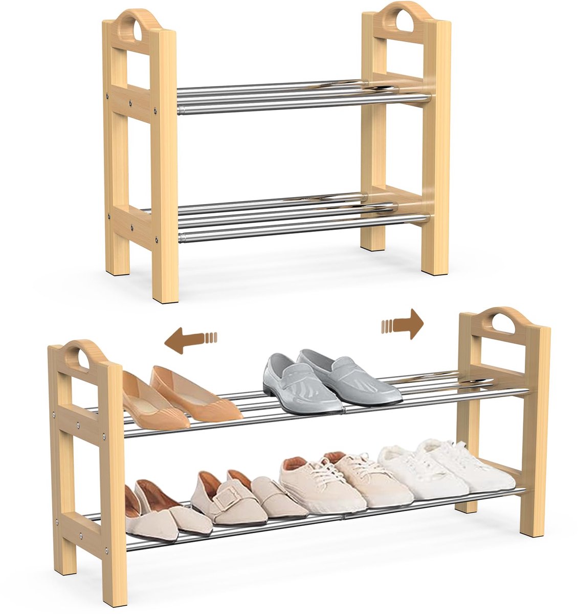 Azomor® Uitschuifbaar houten schoenenrek voor compacte en flexibele opbergruimte (8721417682024)