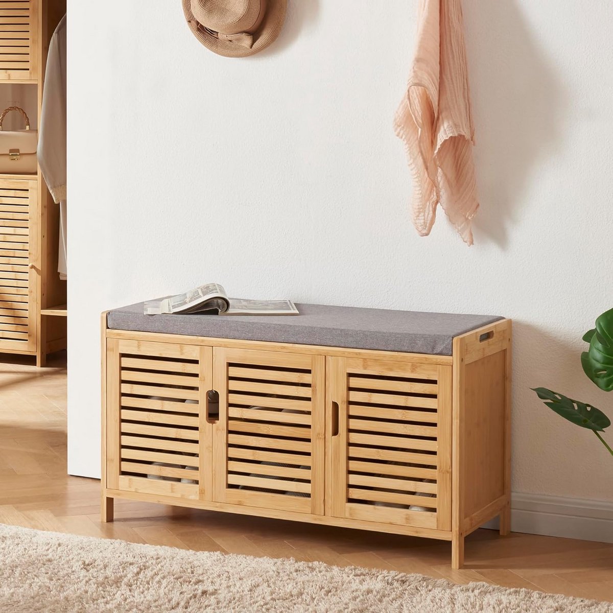 Bamboe Schoenenkast met Zitbank en 1 Plank - 90 cm Breed - Ophoging voor Organisatie (9101058909770)