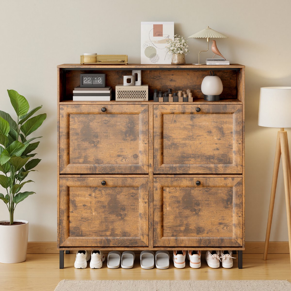 Bealife FS61 Opvouwbaar Schoenenrek - Met 4 Deuren en Open Opbergvak - 108x100x24 cm - Bruin (6973900317964)