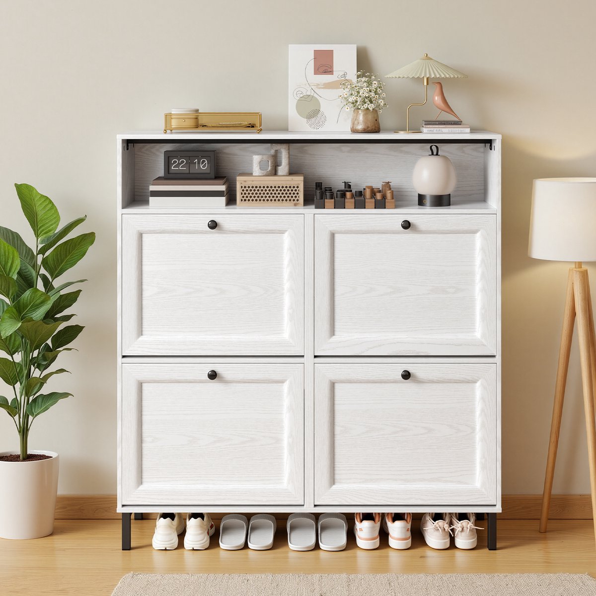 Bealife FS61 Opvouwbaar Schoenenrek - Met 4 Deuren en Open Opbergvak - 108x100x24 cm - Wit (6973900317957)