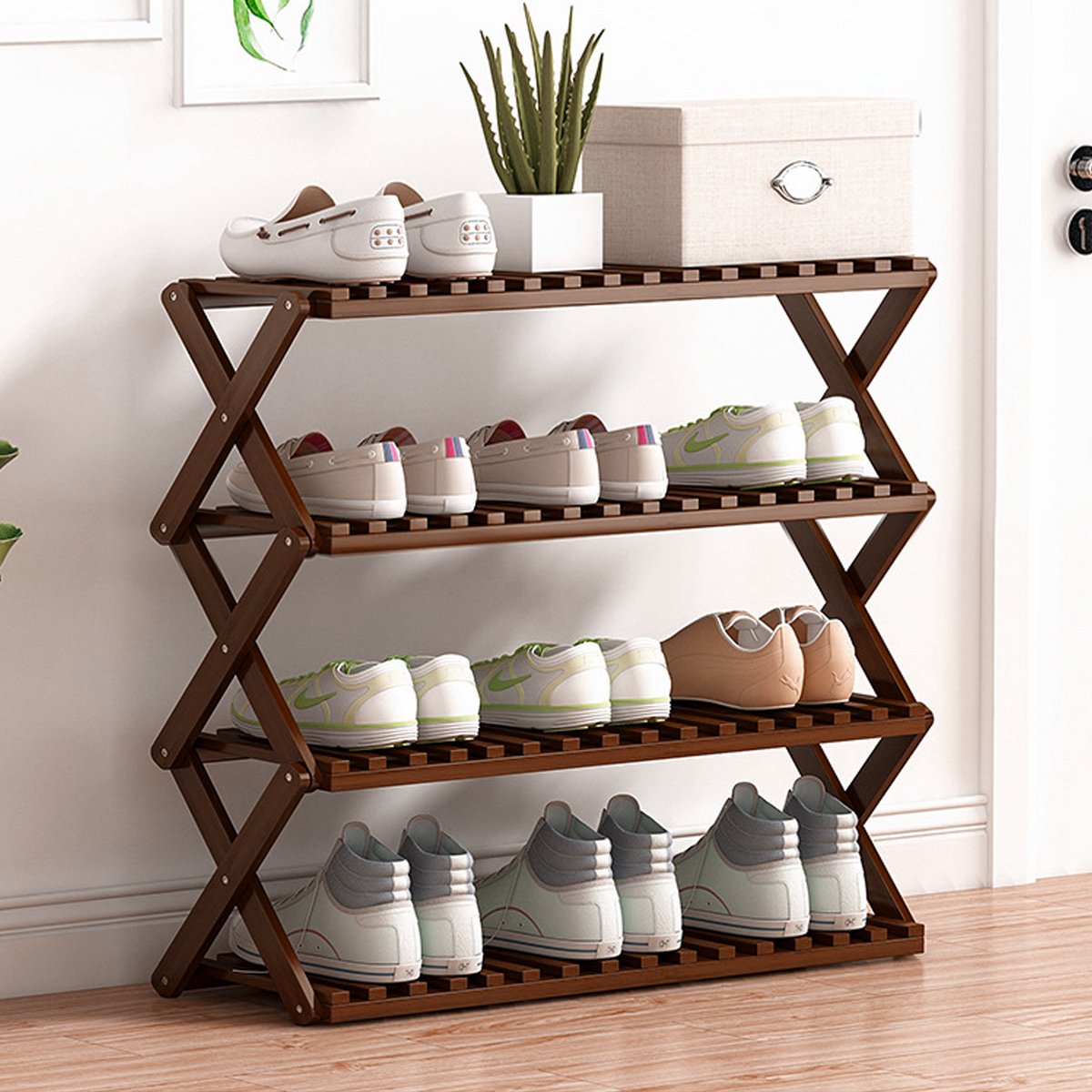 CHIWIN Schoenenkast - Bamboe Schoenenrek 4 Laags - Vrijstaand Schoenenrek voor Hal en Entree - Ruimtebesparend, Stabiel, Geen Montage Nodig (0699346589548)