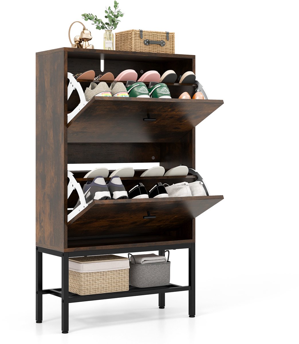 COSTWAY Schoenenkast met 2 kleppen, schoenenkast met 4 legplanken & open rek, smal schoenenrek met verstelbare scheidingswand, 60 x 24 x 106 cm (rustiek bruin) (0015706499522)