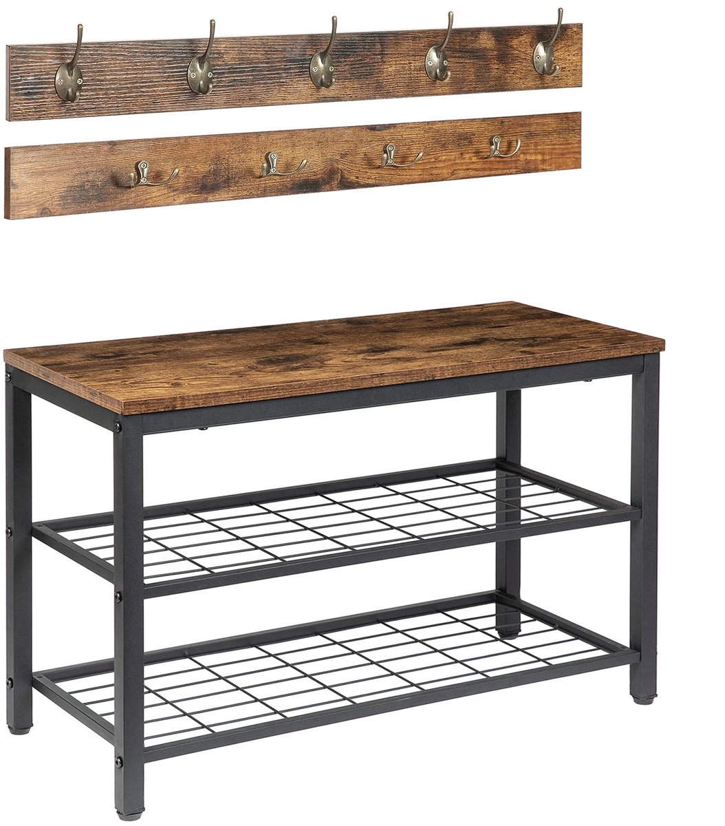 Cissé-Kapstok-Schoenenbankset-Ingang Schoenenrek- Met 9 haken organizer-Rustiek bruin en zwart- Industrieel design- 30x70x46cm (8721398023007)