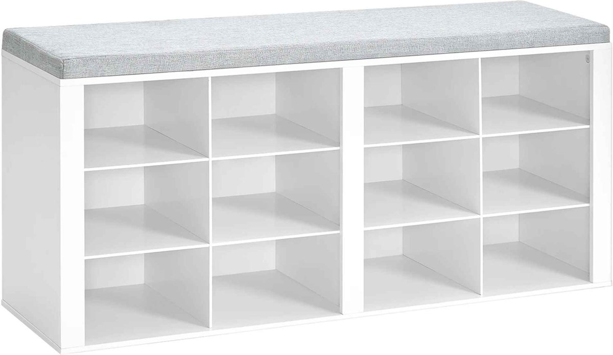 De Warenloods - Schoenenrek - Schoenenkast - Opbergbank - Schoenen Organizer - 12 vakken - Met Kussen - 30,0×104×59,4 cm - Wit (8721472611946)