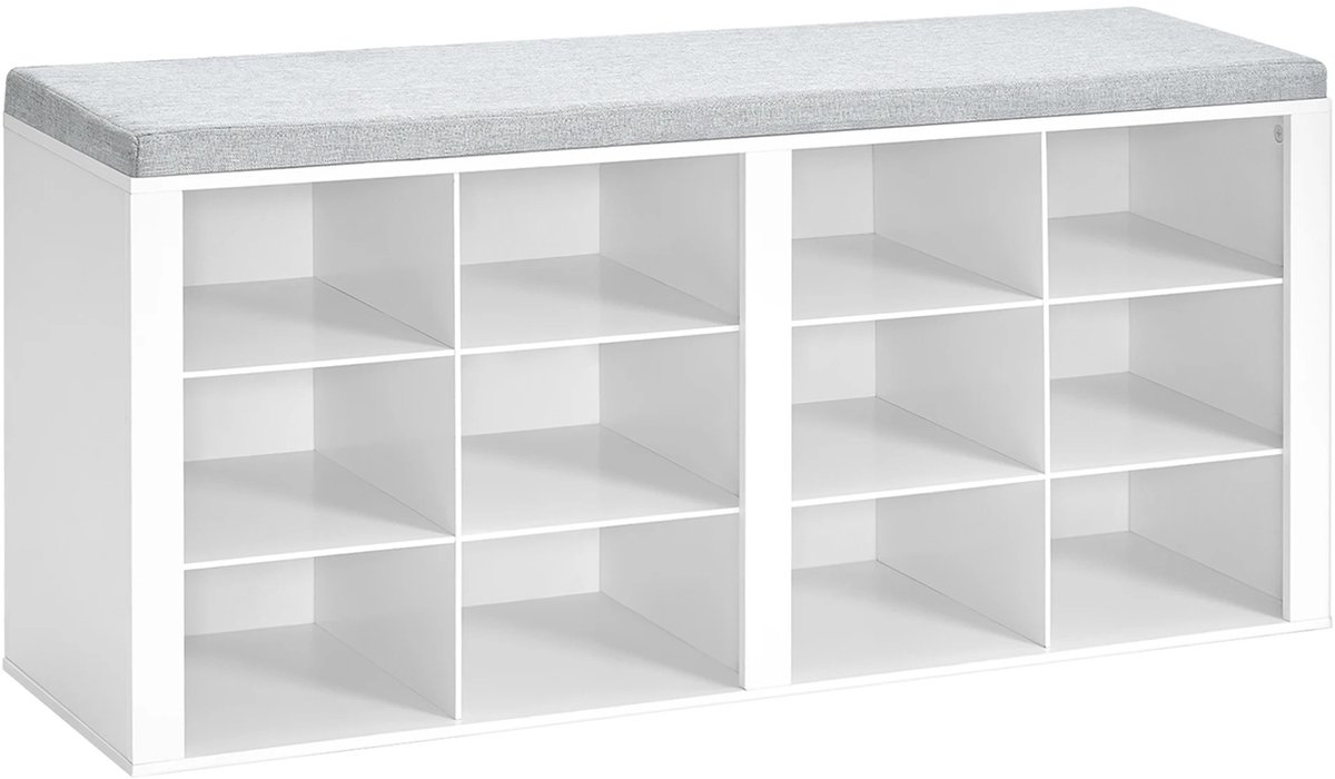 DoneMore® - schoenenbank - opbergbank hal - schoenenrek 12 vakken - met zitkussen - verstelbare planken - wit grijs - 103 x 30 x 52,7 cm - 19,5 kg (6153325895807)