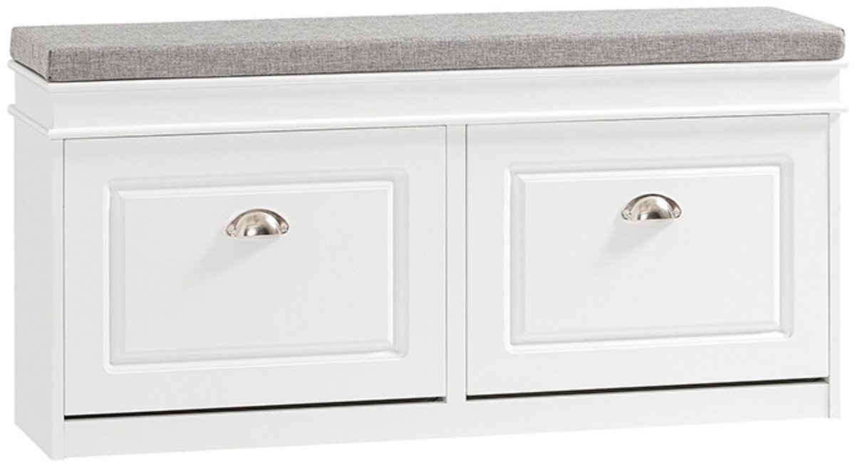 DoneMore® - schoenenopbergbank - schoenenbank met zitkussen - 2 kleppen - ruimtebesparend - wit MDF - 104 x 24 x 52 cm - 18,5 kg (6153545841844)