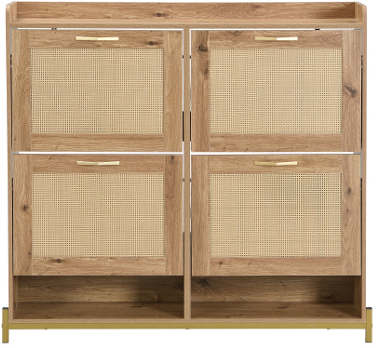 Elegante houten schoenenkast met rotandeuren - 4 deuren, metalen frame en bovenste plank (4255839466640)