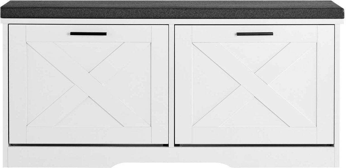 Entree Schoenenopslagbank, 100 x 30.5 x 47.5 cm Organizer Met Omklapbare Laden, 199.6 kg Draagvermogen Schoenenrek Bank Met Kussen & Omklapbare Deuren, Ideaal voor Gang, Woonkamer, Slaapkamer, Zwart en Wit (8721334418584)