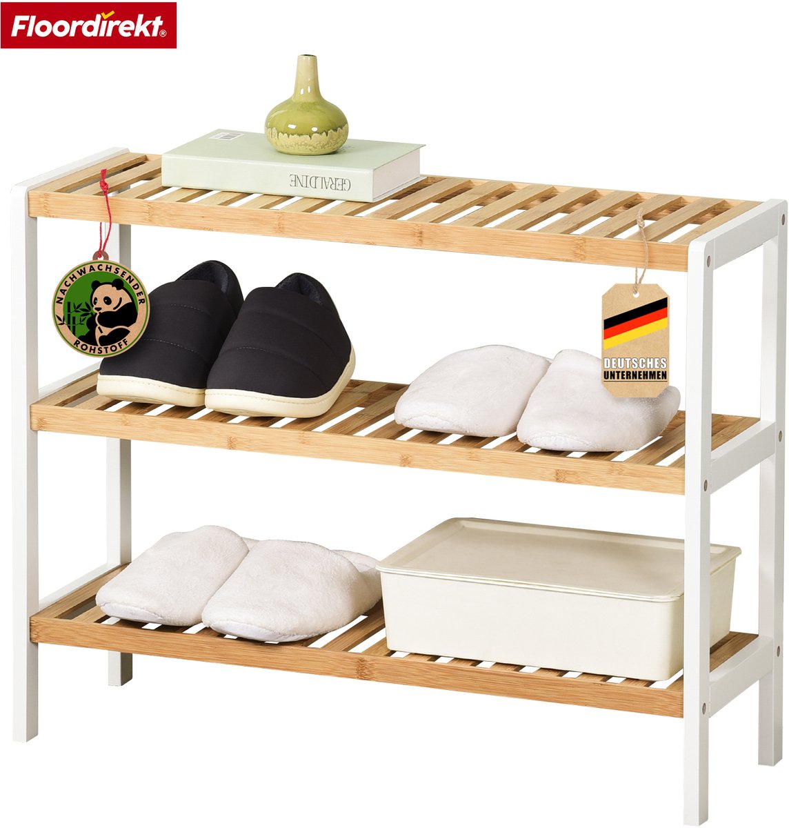 FLOORDIREKT Schoenenrek van Bamboe - Smal en Ruimtebesparend - Schoenenopberger met 3 Planken - Michigan (4069009214289)