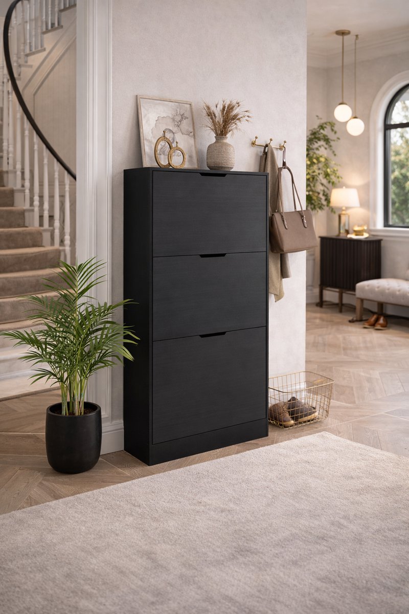 Fameilleur® Schoenenkast Zwart 3-Laags - Smalle Schoenenkast voor 18 Paar Schoenen - Moderne Schoenenopberger voor Hal, Gang en Slaapkamer - Compact Schoenenmeubel van Spaanplaat - Minimalistisch Design - Verticale Schoenenkast 56×24×114 cm - kast (8721302492899)