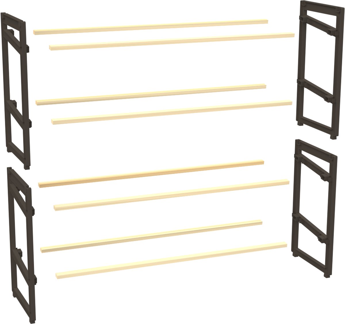 FixWood Houten Schoenenrek - 2-in-1 Stapelbaar Schoenenrek - 2 of 4 Lagen - Compact, Duurzaam en Stijlvol - Zwart/Hout - 65x26x52 cm (8693807255210)