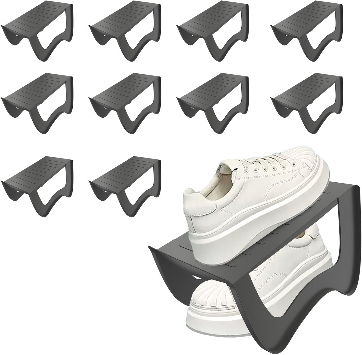 Froadp 10x Grijs Stapelbare Schoenenhouder - Antislip Schoenenorganizer voor Kast, Dubbellaags Design, 25x14,5x14 cm (0758548693146)