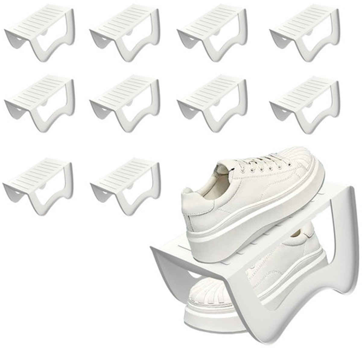 Froadp 10x Wit Stapelbare Schoenenhouder - Antislip Schoenenorganizer voor Kast, Dubbellaags Design, 25x14,5x14 cm (0758548693177)