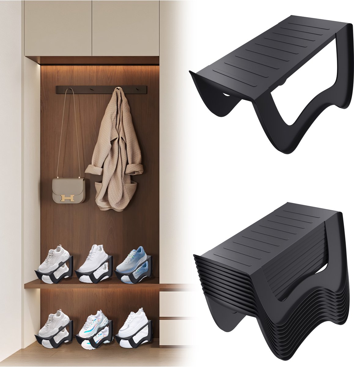 Froadp 20x Zwart Stapelbare Schoenenhouder - Antislip Schoenenorganizer voor Kast, Dubbellaags Design, 25x14,5x14 c2 (0758548693214)