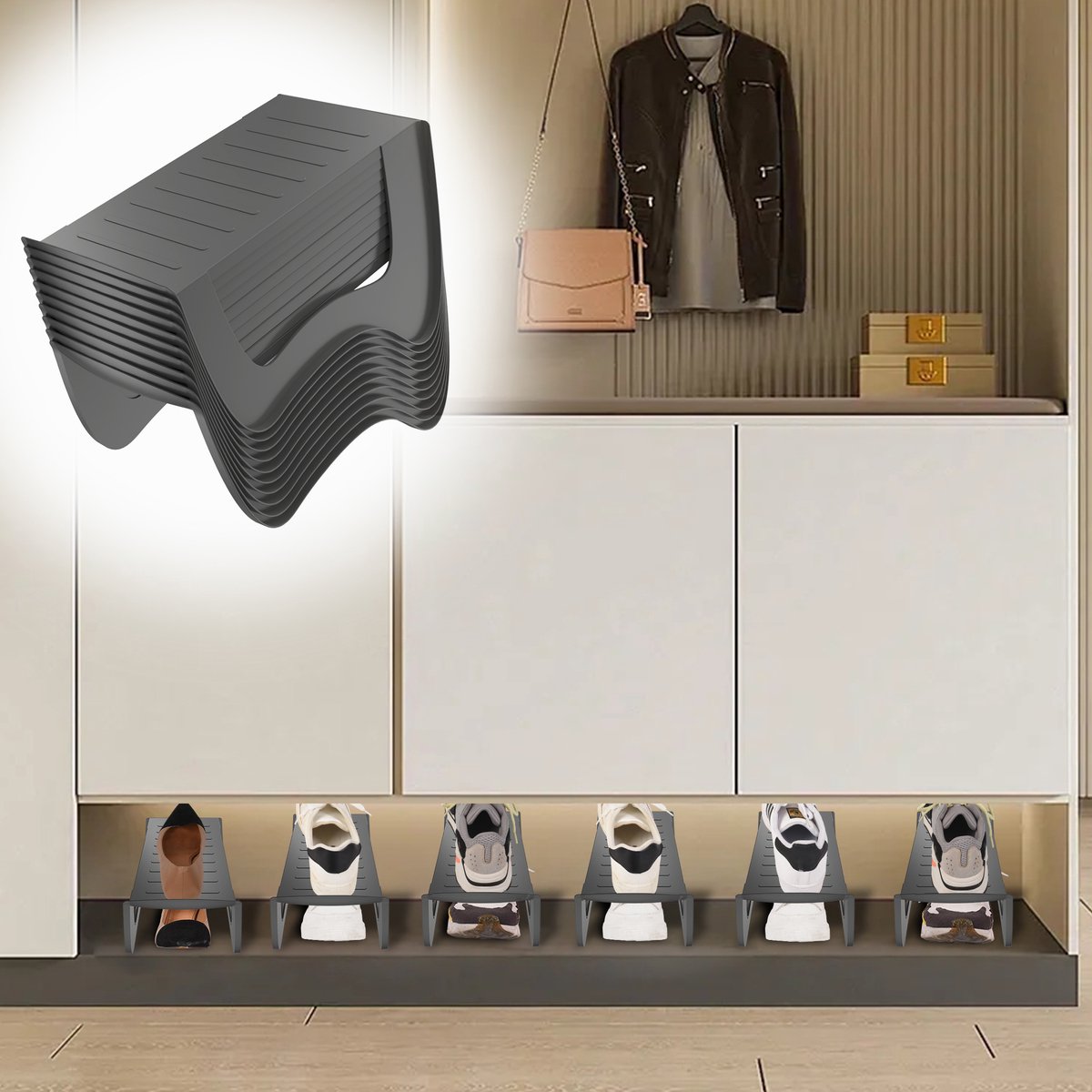 Froadp 30x Grijs Stapelbare Schoenenhouder - Antislip Schoenenorganizer voor Kast, Dubbellaags Design, 25x14,5x14 cm (0758548693160)