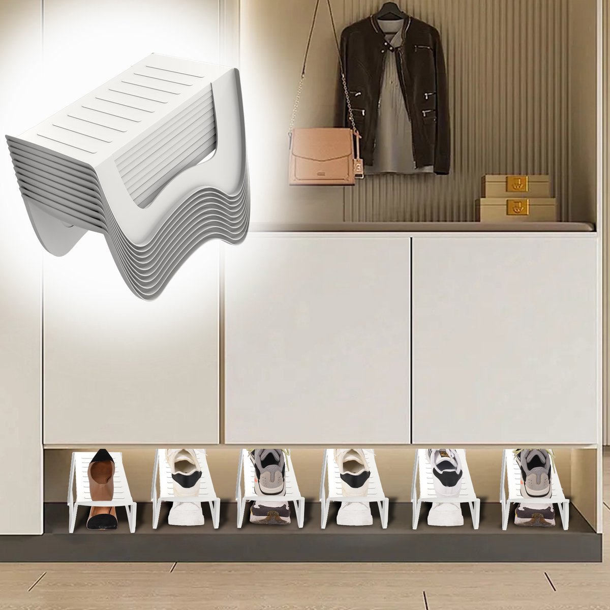 Froadp 30x Wit Stapelbare Schoenenhouder - Antislip Schoenenorganizer voor Kast, Dubbellaags Design, 25x14,5x14 cm (0758548693191)