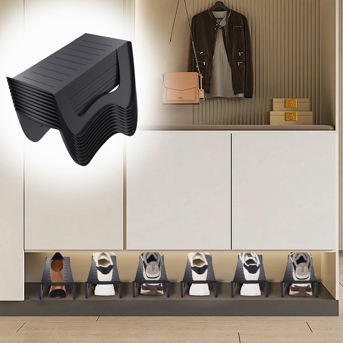 Froadp 30x Zwart Stapelbare Schoenenhouder - Antislip Schoenenorganizer voor Kast, Dubbellaags Design, 25x14,5x14 cm (0758548693221)