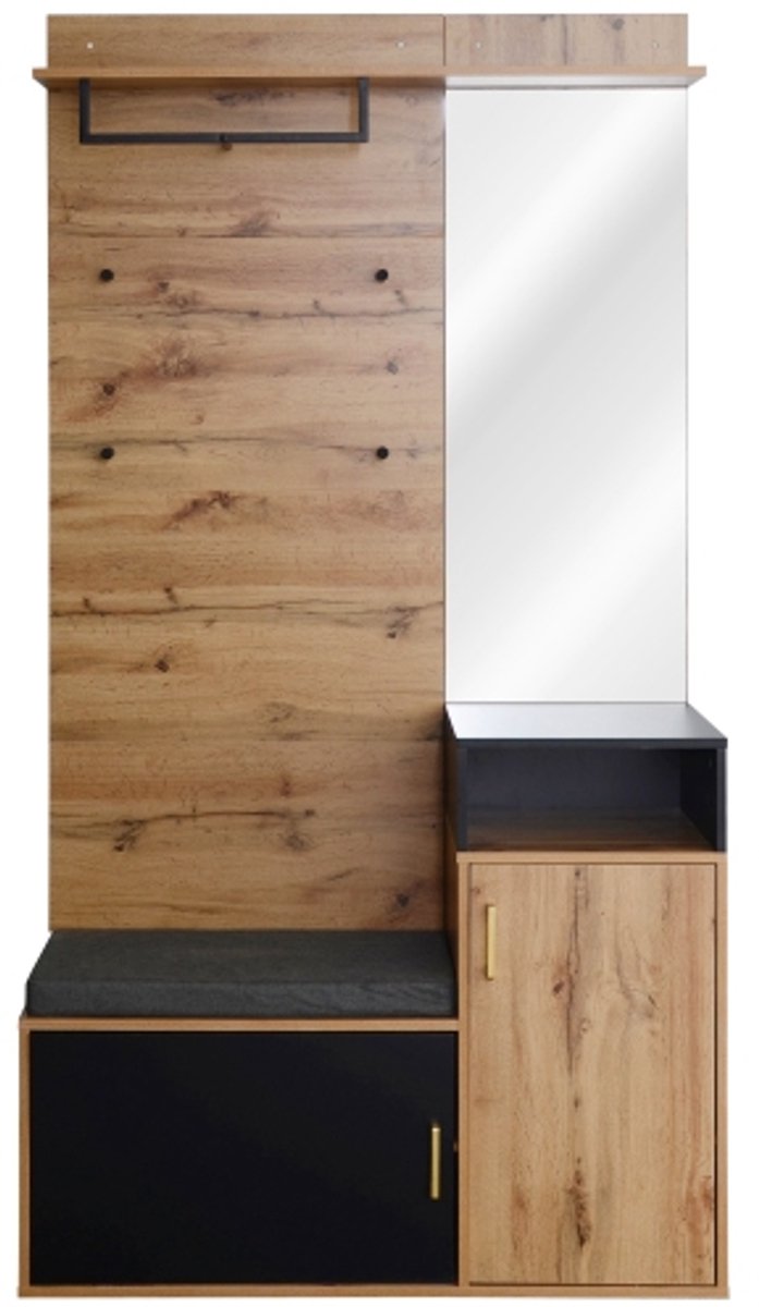 Garderobekast 105x40x1915cm Zwart Spaanplaat MDF Met 4 Haken Spiegel Schoenenkast Wandgarderobe Bovenplank Zitbank Modern Functioneel Voor Hal (4255890918393)