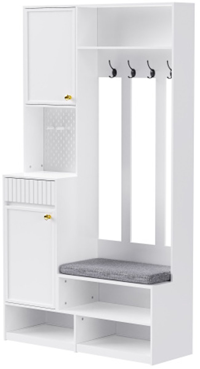 Garderobekastset, complete halgarderobeset met bank, 4 haken, deuren en lades - wit, compacte afmetingen 100×180×35 cm (B×H×D) (4255839465988)