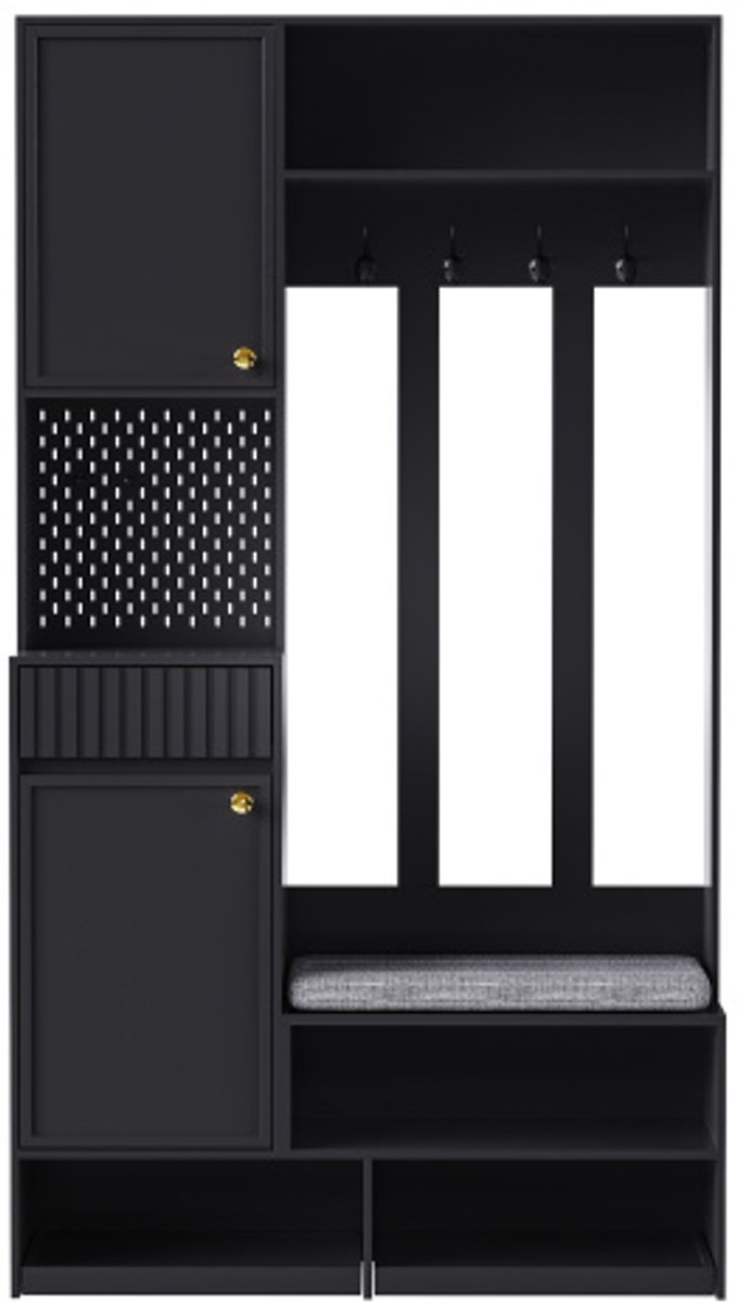 Garderobekastset, complete halgarderobeset met bank, 4 haken, deuren en lades - zwart, compacte afmetingen 100×180×35 cm (B×H×D) (4255839465971)