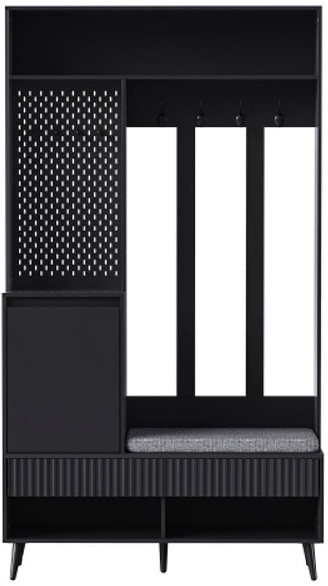 Garderobekastset, schoenenkast wandkast, halkastset met schoenenbank, garderobeset met 4 kledinghaken, twee lades en 1 deur, zwart, 100 Lx35Bx180H cm (4255839465957)