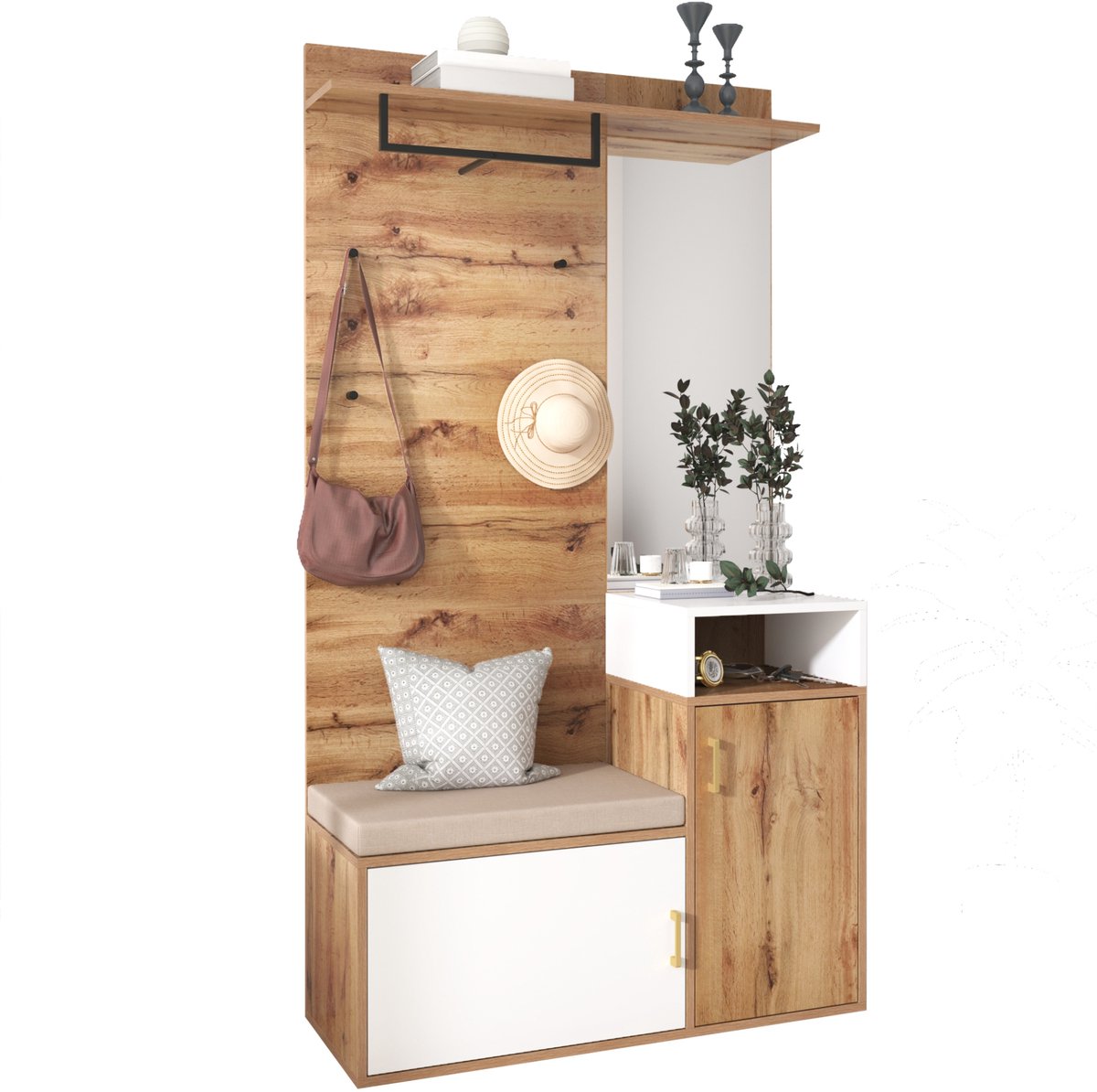 Garderobenset Wit Hout - 1 Set - Garderobenset Opbergoplossing Inkomhalmeubel - Wit Hout - Met Spiegel Schoenenkast En Bank (6451370192392)