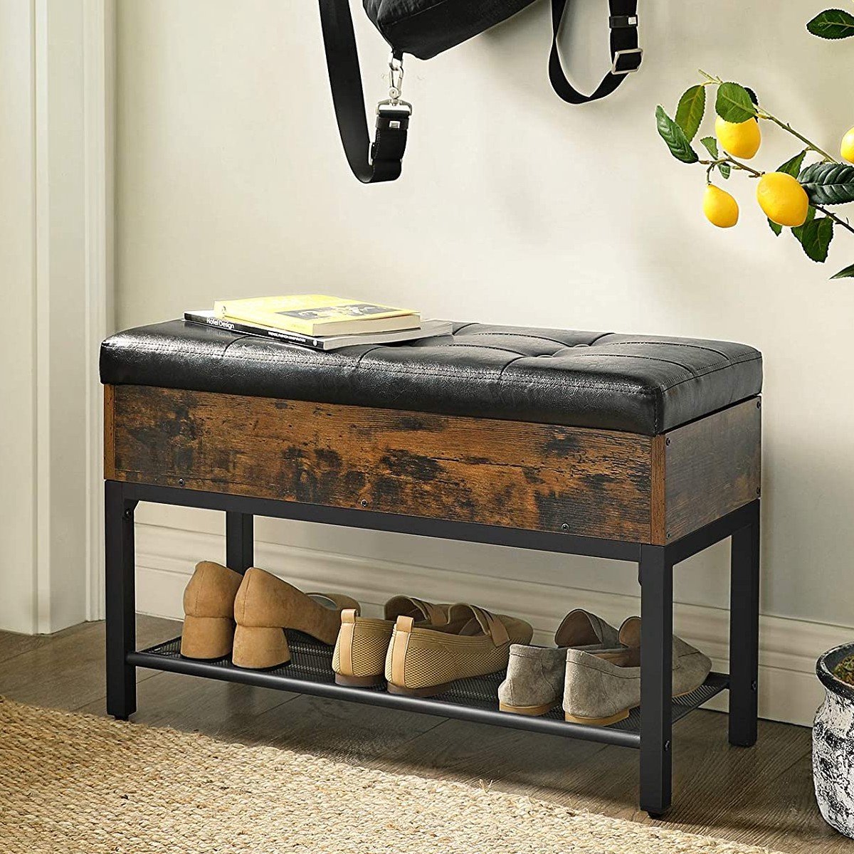 Gestoffeerde schoenenbank Brad | 1 kastje, 1 legplank | Rustiek bruin/zwart - Vasagle - Schoenenrek - Bruin; Zwart - Kunstleer; Spaanplaat (6096035938900)