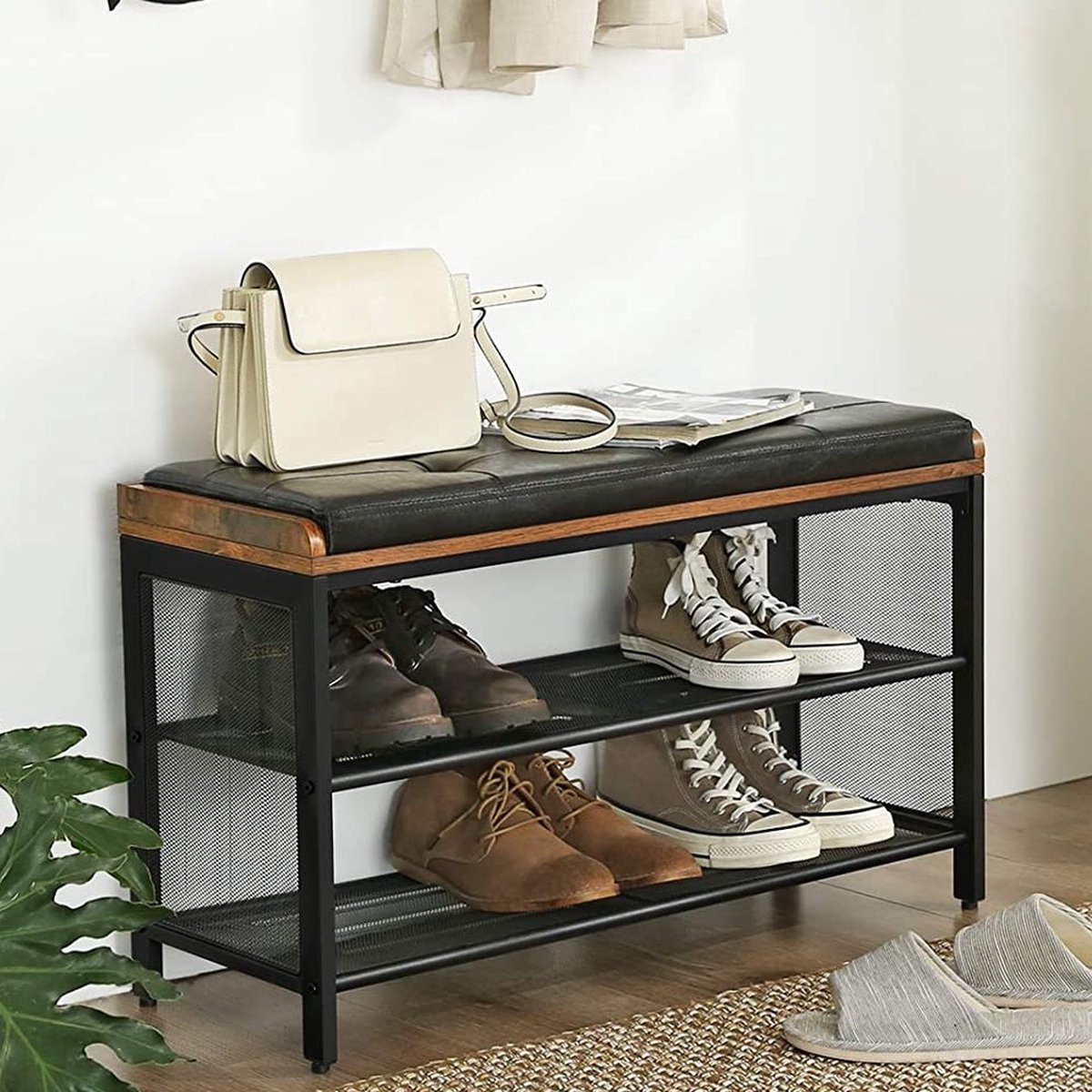 Gestoffeerde schoenenbank Brad 2 legplanken - rustiek bruin/zwart - Vasagle - Schoenenrek - Zwart - Metaal; Spaanplaat (6096029652645)