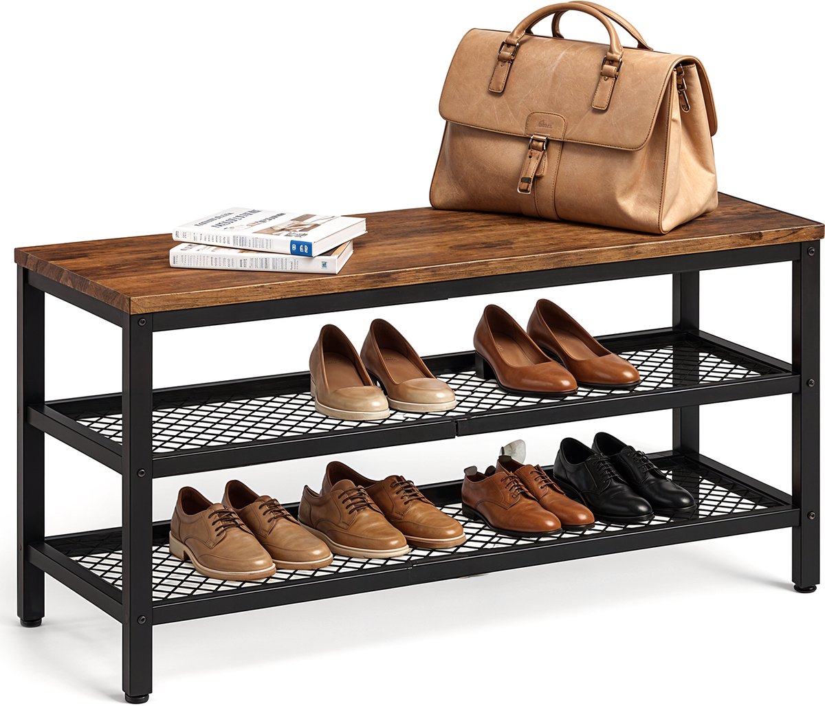 Goliving Schoenenrek - Schoenenbank - Halbank - Industrieel - 30 x 80 x 45 cm - Metaal - Bruin Hout (8720938245312)