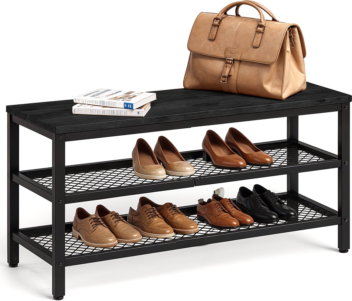 Goliving Schoenenrek - Schoenenbank - Halbank - Industrieel - 30 x 80 x 45 cm - Metaal - Zwart Hout (8720938245442)