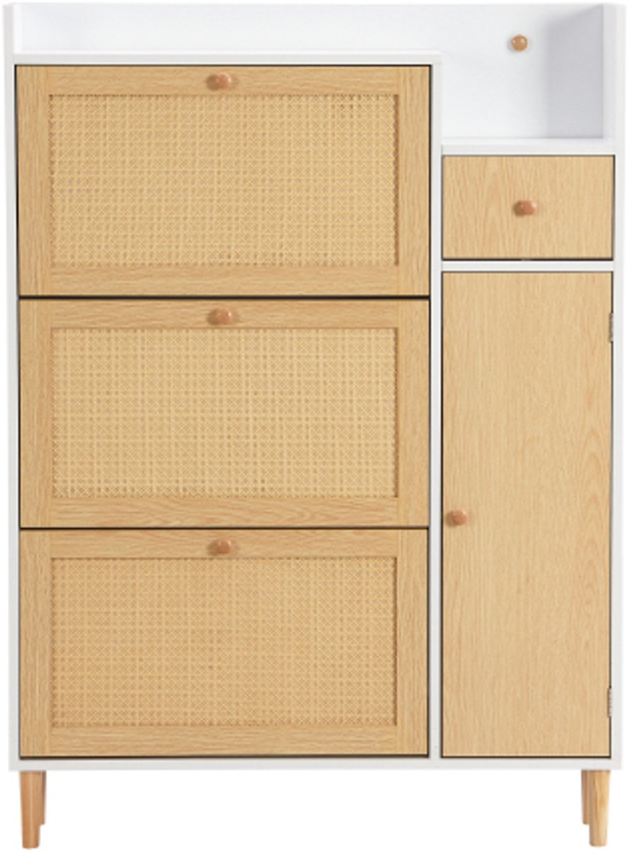 Gotagee Rotan schoenenkast van hout - geschikt voor smalle entrees - 3 kanteldeuren en 1 lade - met massief houten poten en handgrepen - B90/H125/D17 cm (4255839439446)