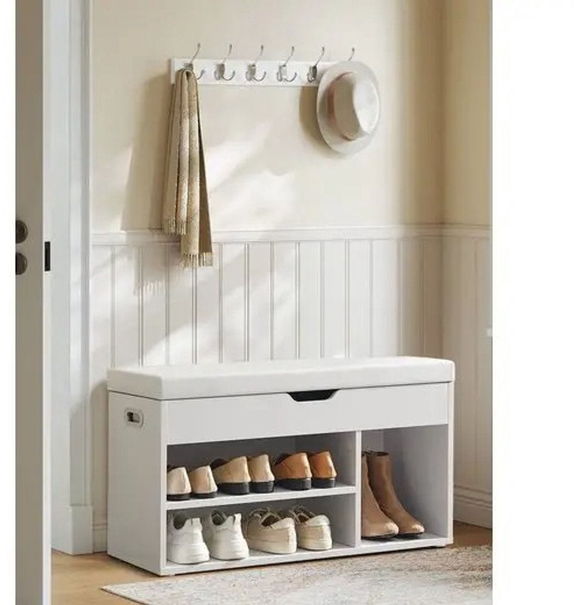 Gran Vida® - Schoenenbank - Opbergruimte - Zacht Kussen - Modern Design - 80x44x30 cm - Wit (6151902596529)