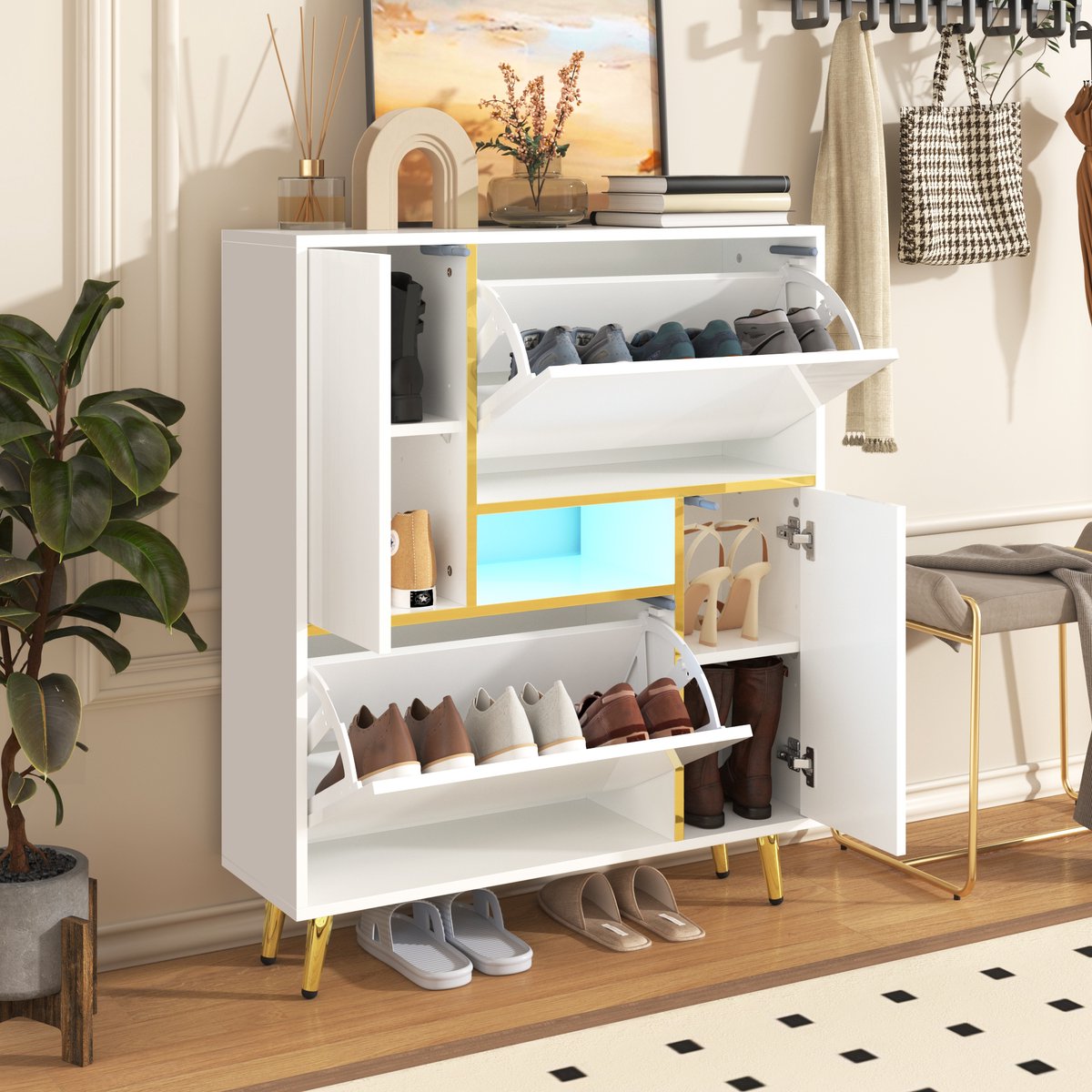 HAUSS SPOLE Schoenenkast - Hoogglans Front Met Gouden Accenten - 16-Kleurige LED - Verstelbare Planken - 2 Deuren - Spaanplaat - 80x25x96 cm - Wit (4070868089123)