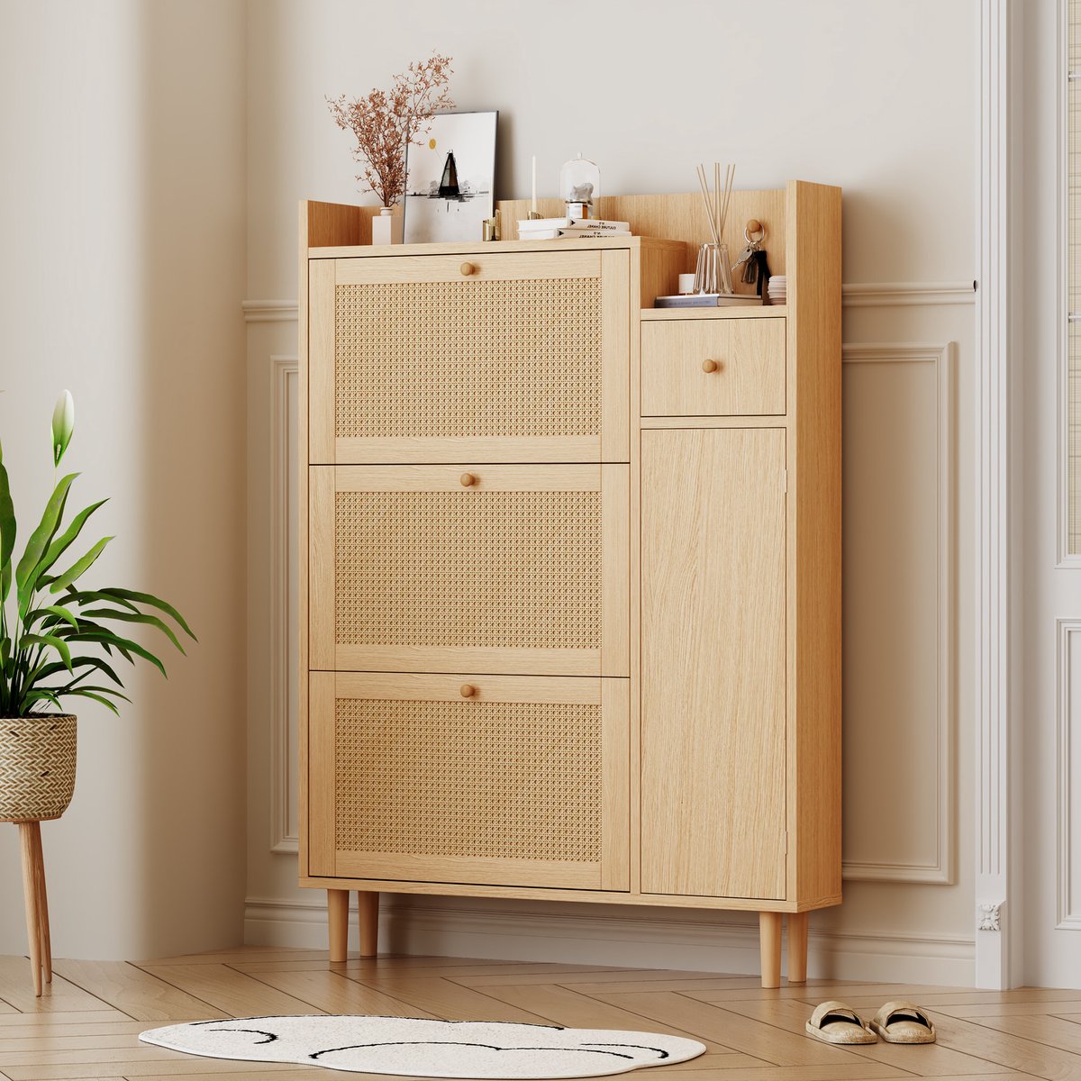 HAUSS SPOLE Schoenenkast - Rieten Klapmodel Met 3 Deuren En 1 Lade - Compact Voor Smalle Hal En Gang - MDF En Massief Hout - 90x125x17 cm - Naturel (4070868043286)