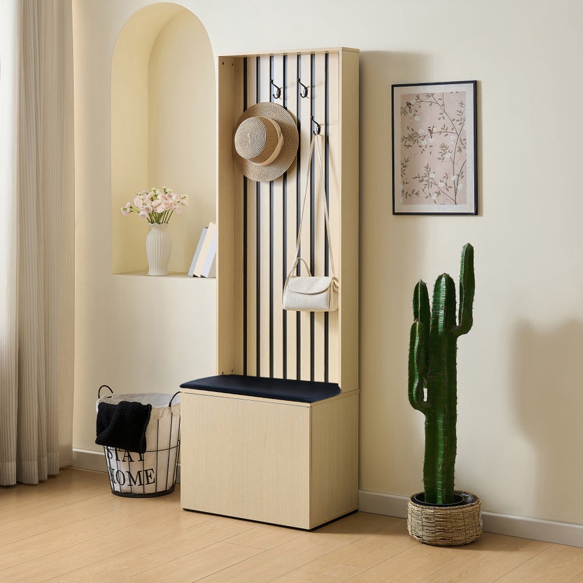 Halmeubel - Halbankje - Schoenenkast - Kapstok - Opbergmeubel - Natuurlijke Kleur - Ruimtebesparend Design - Comfortabele Zitting met 4 Haken (8721391352647)