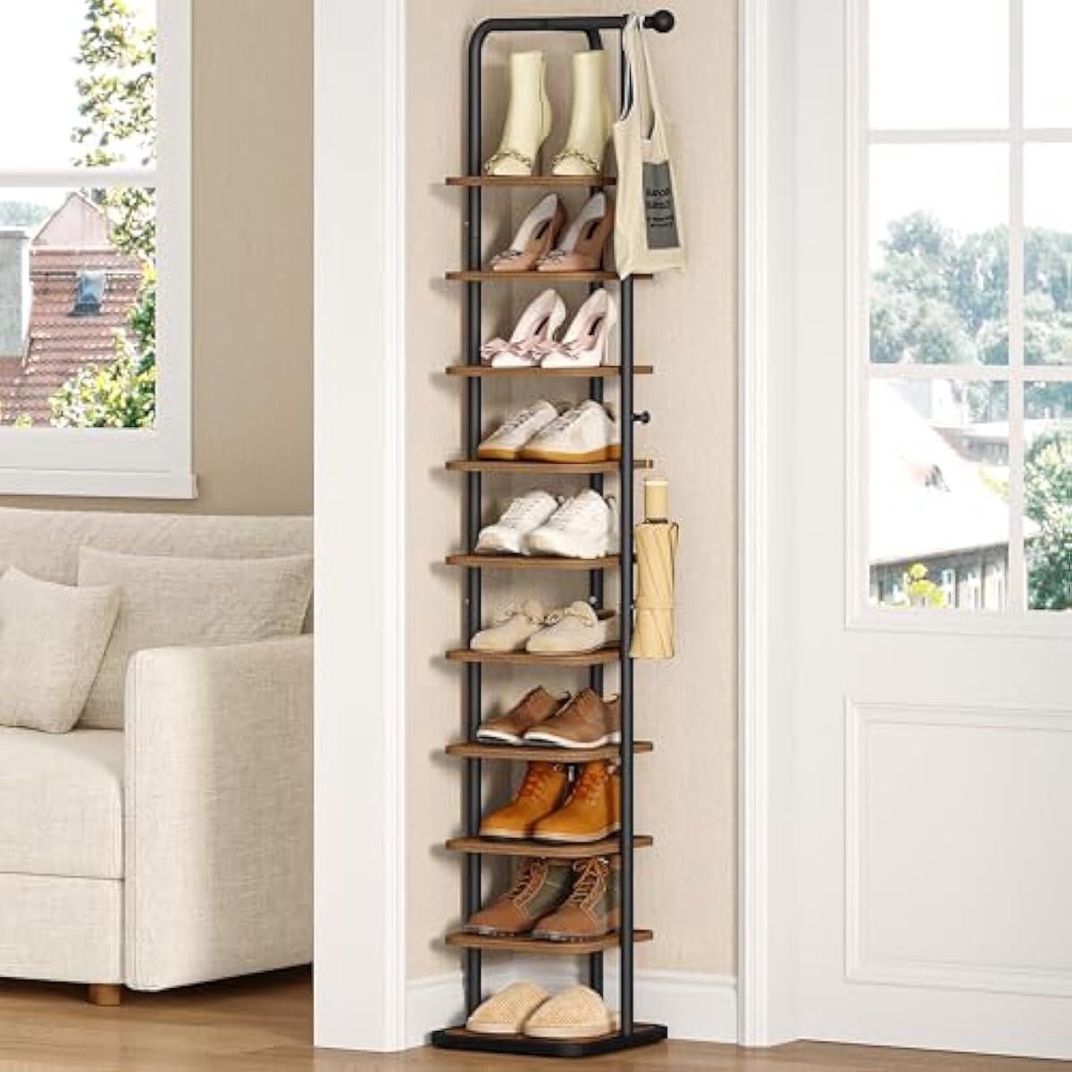 Hoek Schoenenrek 10-Laags - Verticaal - Verstelbaar - Rustiek Bruin/Zwart - 32,8 × 32,8 × 183 Cm (5487571838945)