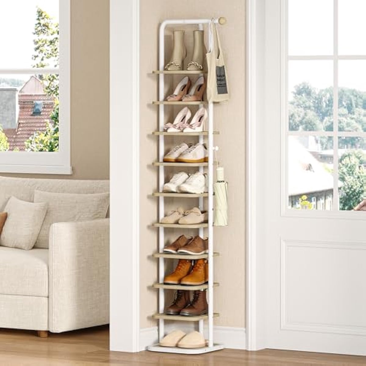 Hoek Schoenenrek 10-Laags - Verticaal - Verstelbaar - Wit/Eiken - 32,8 × 32,8 × 183 Cm (5487571838921)