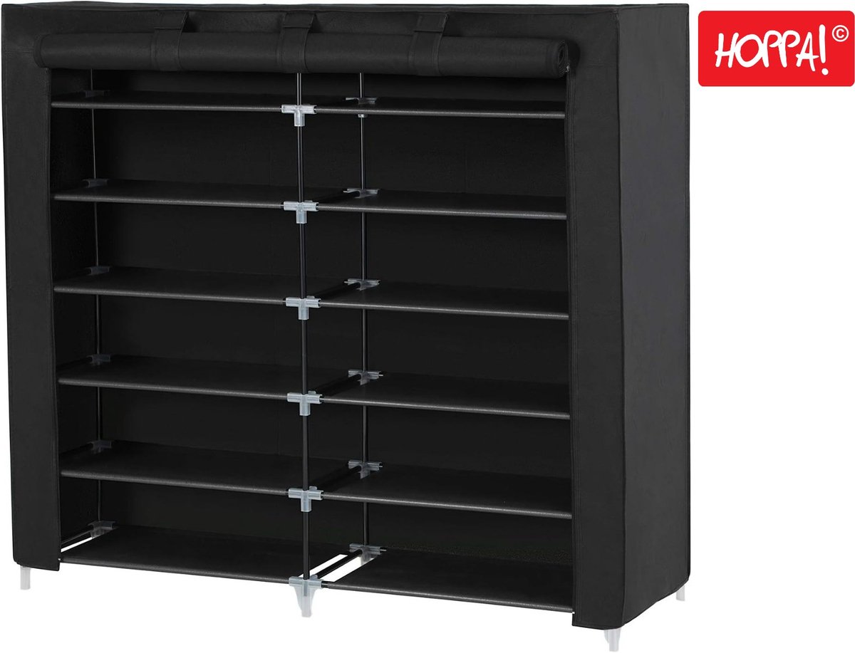 Hoppa! Schoenenrek met 2x6 niveaus, 116 x 28,5 x 111 cm (B x D x H) voor ca. 36 paar schoenen - Zwart - Kunststof en Stoffen hoes (8720791947194)